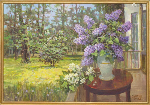 Vase of lilacs on a landscape background; Iosif Logvin