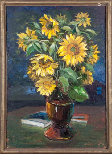 Sunflowers in a brown vase; Aleksandrs Zviedris