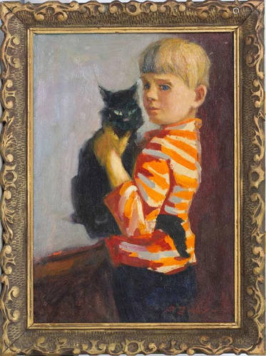 A boy with a cat; Aleksandrs Zviedris (1905-1993)