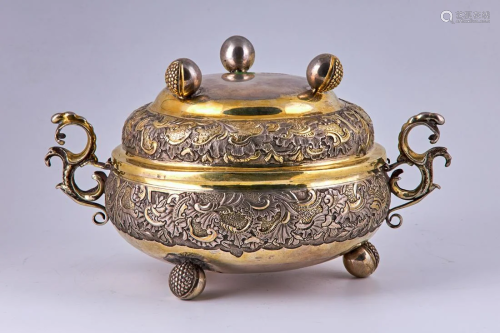 17th century gold plated silver, two piece meal tray.