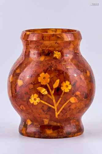 Baltic amber vase with inlayed flower design