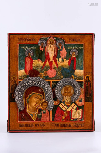 Tempera hand painted Icon with three motifs on birch