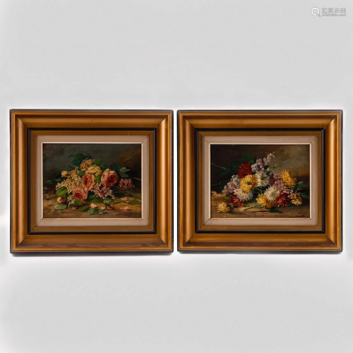 Pair of paintings of a still life with flowers