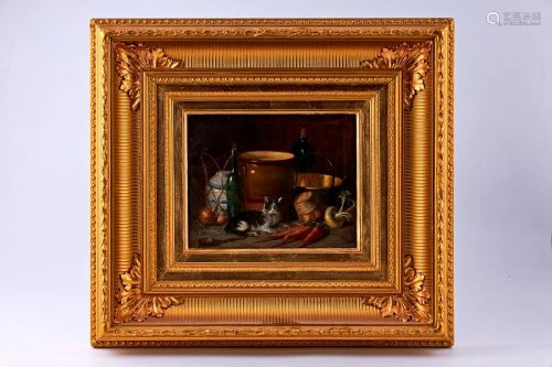 Oil painting on canvas of a“Still life with a cat