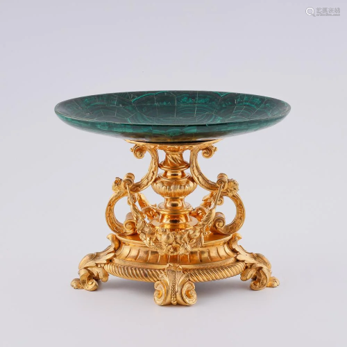 Antique malachite vase on gold plated bronze plinth