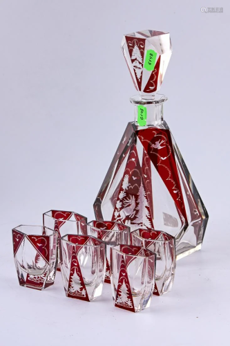 Two layered, hand carved crystal vodka carafe with cups