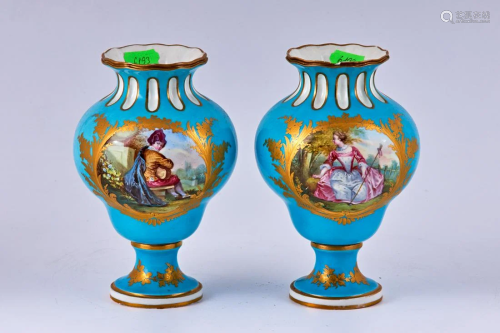 Pair of Sevres blue hand painted porcelain vases