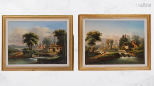 Pair of rural scenary paintings in gold plated frames