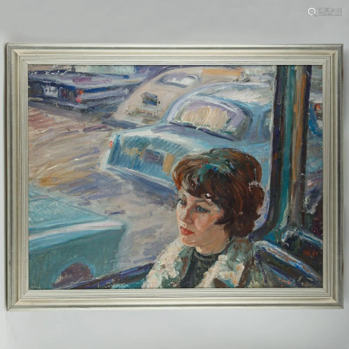 Painting of a lady on a bus by Horoshiy E. I.