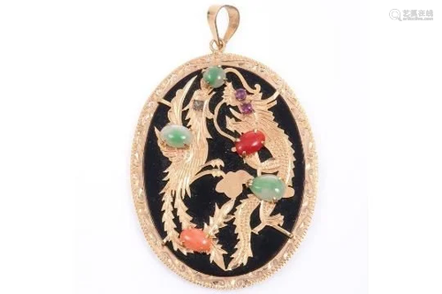 NO RESERVE PRICE 14ct Gold Chinese Dragon Coral, Jade &