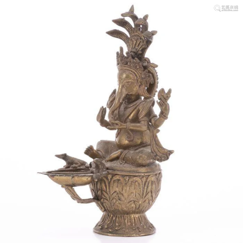 NO RESERVE PRICE 20thC Tibetan Ganesh Brass Oil Lamp