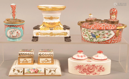 Five Antique Porcelain/Pottery Hand-Painted Inkwells.