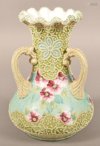 Nippon Moriage Enamel Floral Decorated Vase.