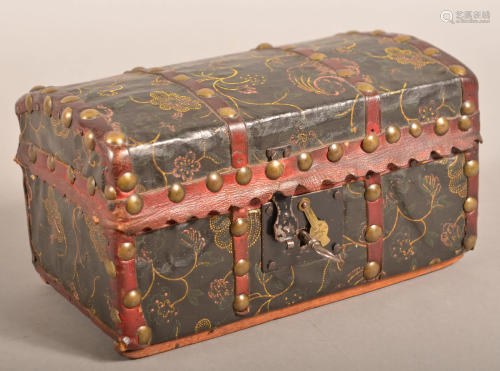 Paint Decorated Leather Covered Wood Trinket Box.