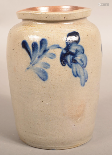 19th Century Cobalt Blue Decorated Stoneware Jar.