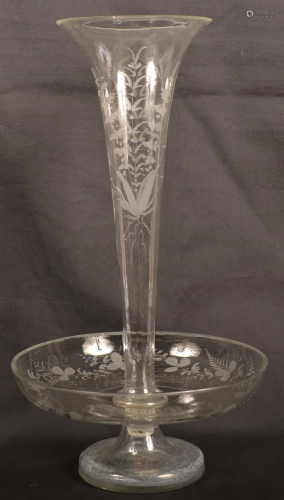 19th Century Engraved Two-Part Colorless Glass Epergne.