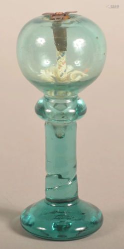 19th Century Aqua Glass Pedestal Fluid Lamp.
