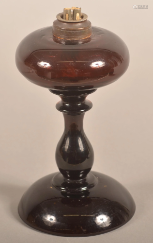 19h Cent. Honey Amber Glass Pedestal Whale Oil Lamp.
