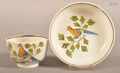 Leeds Soft Paste China Peafowl Pattern Cup and Saucer.