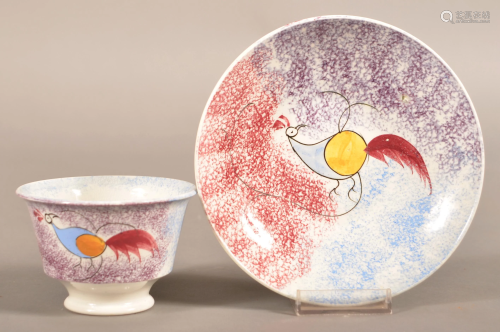 3-Color Spatterware China Peafowl Cup and Saucer.