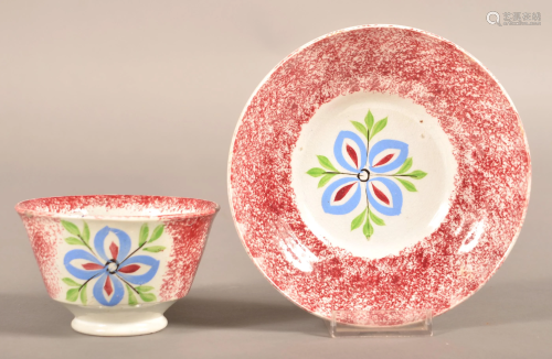Red Spatter China 4-Petal Flower Pattern Cup & Saucer.