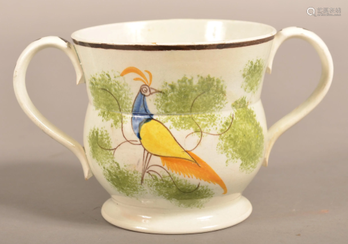 Leeds Soft Paste China Peafowl Pattern Loving Cup.