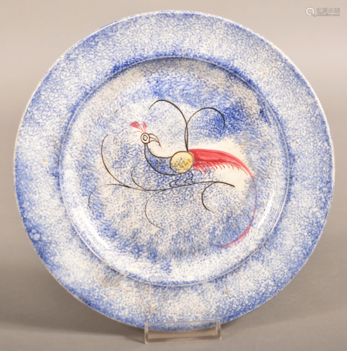 Blue Spatter Ironstone China Peafowl Pattern Plate.