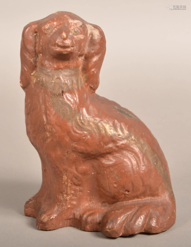 Antique Molded Redware Seated Spaniel Still Bank.