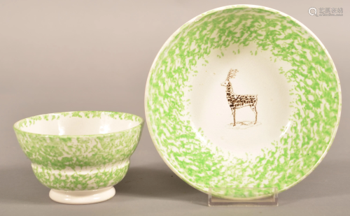 Green Sponge China Deer Pattern Cup and Saucer.