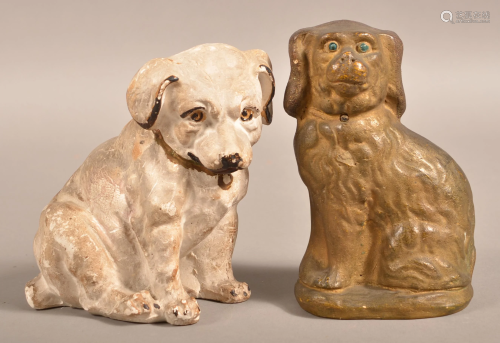 Two Antique/Vintage Chalkware Seated Dog Still Banks.