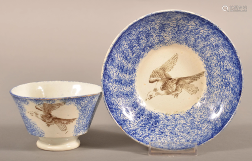Blue Spatter China Flying Eagle Pattern Cup and Saucer.