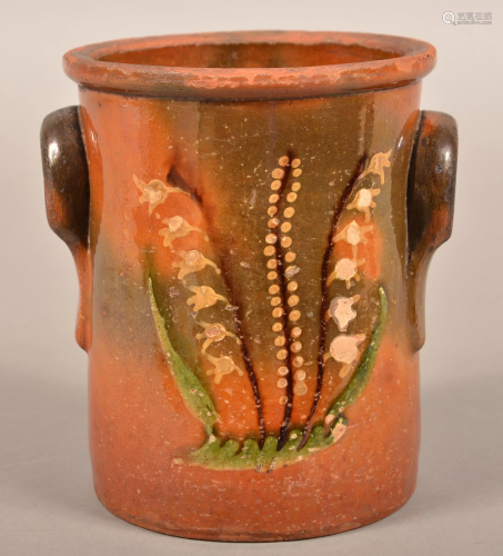 Rare New England 19th Cent. Redware Slip Decorated Jar