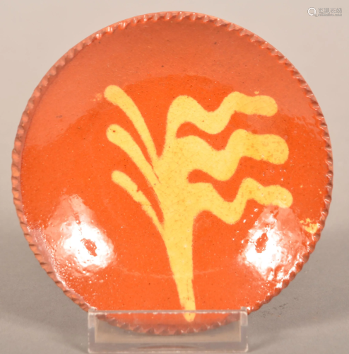 PA Yellow Slip Decorated Redware Cup Plate.