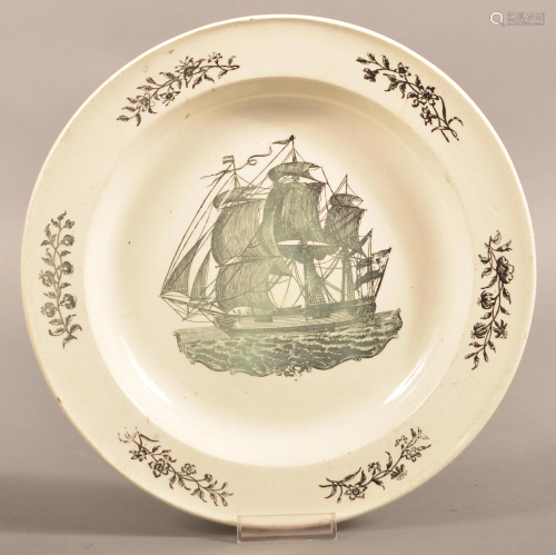 Herculaneum Creamware Plate with Clipper Ship.