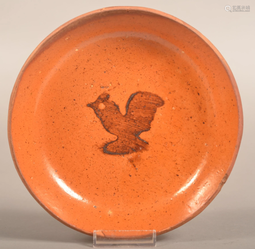 Antique Redware Pie Plate with Rooster Decoration.