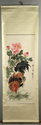 Scroll of Chinese Watercolor, Flower, Rooster