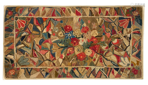 AMERICAN FOLK ART FLORAL HOOKED AND SHIRRED RUG