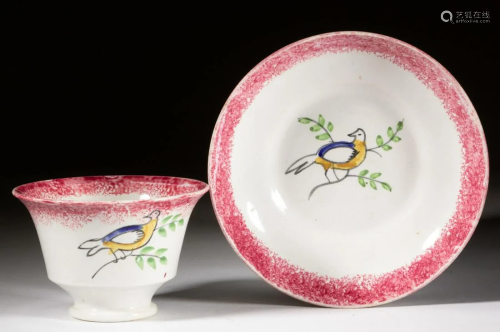 ENGLISH SPATTERWARE DOVE CERAMIC CUP AND SAUCER