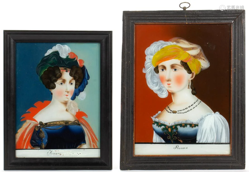 FOLK ART REVERSE-PAINTED PORTRAITS, LOT OF TWO