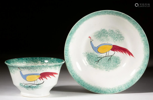 ENGLISH SPATTERWARE PEAFOWL CERAMIC CUP AND SAU…