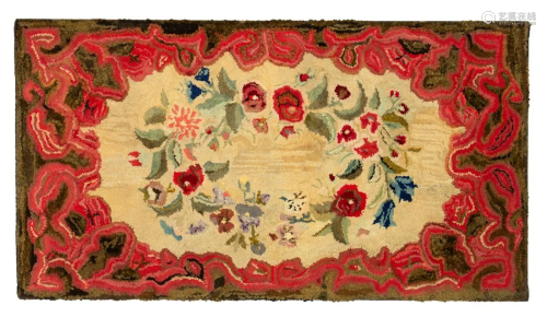 AMERICAN FOLK ART FLORAL HOOKED AND SHIRRED RUG