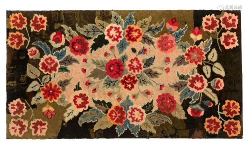 AMERICAN FOLK ART FLORAL HOOKED AND SHIRRED RUG