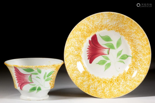 ENGLISH SPATTERWARE THISTLE CERAMIC CUP AND SAUCER