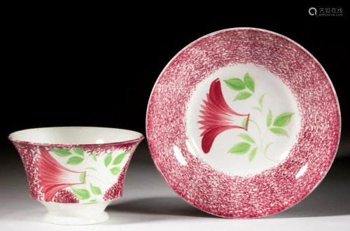 ENGLISH SPATTERWARE THISTLE CERAMIC CUP AND SAUCER