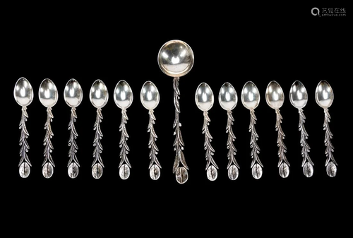 SET OF BRAZILIAN SILVER ESPRESSO BEAN SPOONS, 13PC