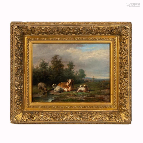 FRANS LEBRET PASTORAL OIL ON PANEL, GILTWOOD FRAME