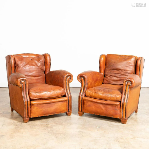 PAIR, FRENCH ART DECO BROWN LEATHER CLUB CHAIRS