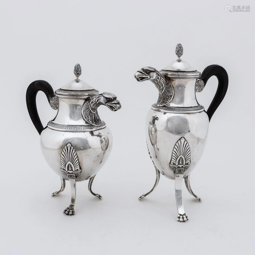 19TH C. FRENCH SILVER EMPIRE TEA AND COFFEE POTS