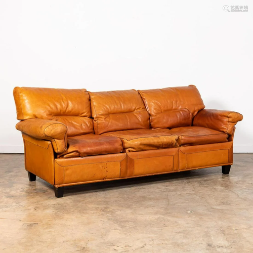 ART DECO STYLE TAN LEATHER THREE-CUSHION SOFA