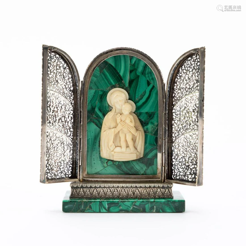 .800 SILVER & MALACHITE VIRGIN & CHILD SHRINE